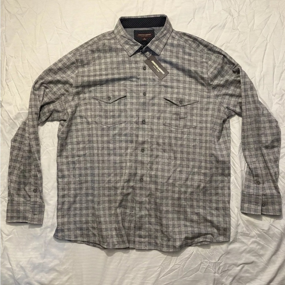 Johnston & Murphy Shirt Mens XL Plaid Long Sleeve Button Up Collared Black NWT